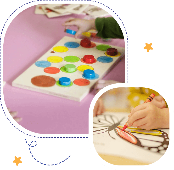 A childs hands are painting with colored pencils.
