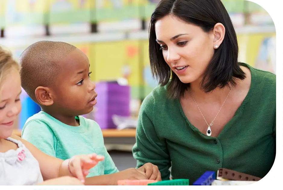 A woman and child are talking to each other.